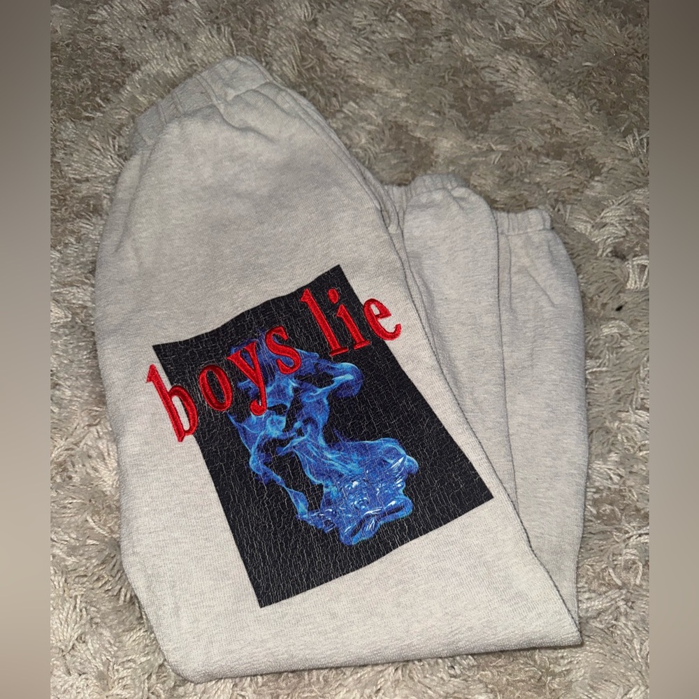 Boys Lie Light Gray Track Pants with Red Logo and Blue Graphic